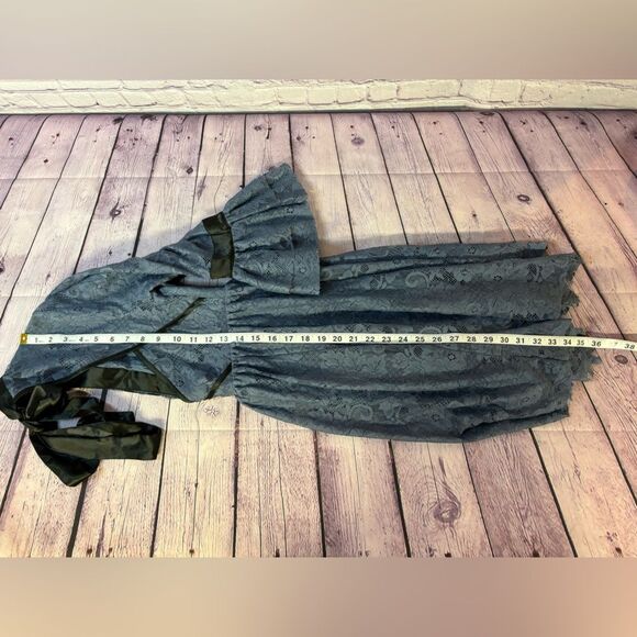 Free People Gilded Victorian Dusty Blue Black Satin Ribbon Trim Lace Dress S - Picture 16 of 16